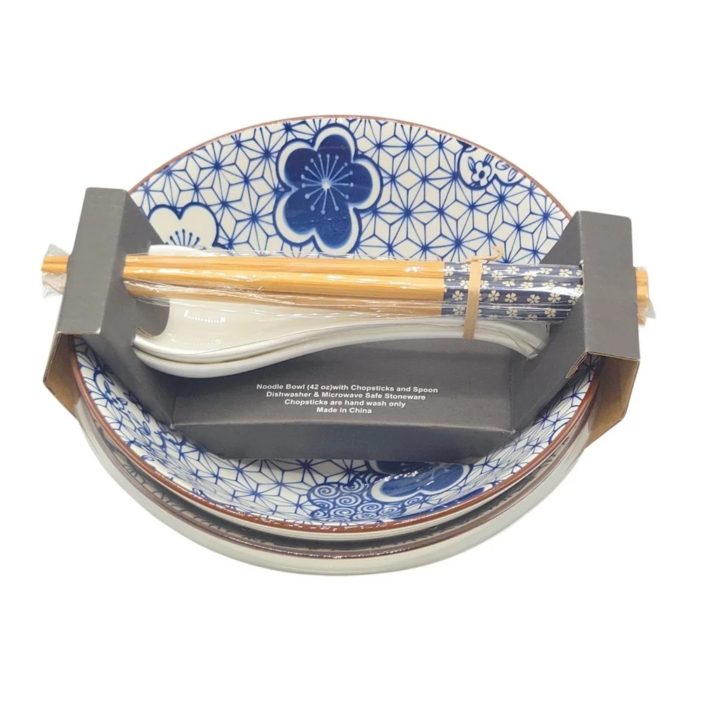 SH Home Blue Floral Ceramic Ramen Noodle Bowl Set of 2 With Chopsticks And Spoon